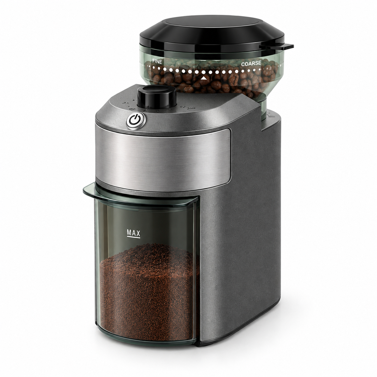Gray electric burr coffee grinder with 28 grind settings on a white background