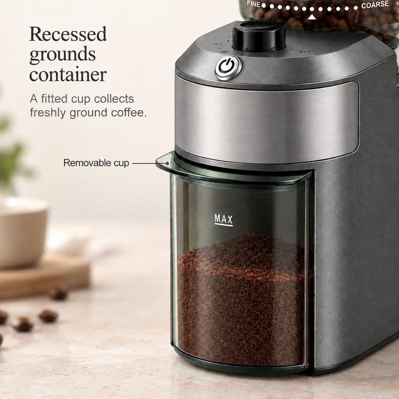 Recessed removable grounds container with MAX marking beneath the metal front panel