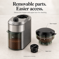 Coffee grinder with the bean hopper and upper burr removed for cleaning access
