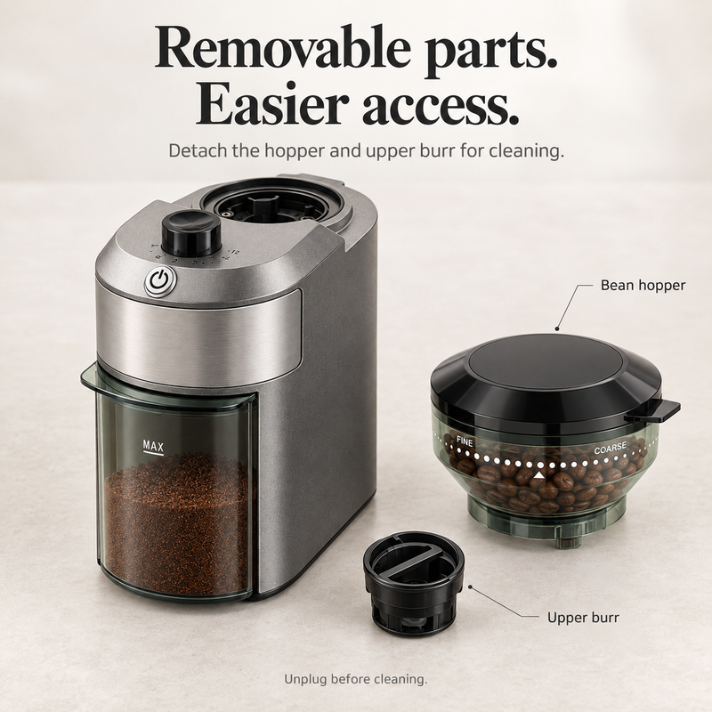 Coffee grinder with the bean hopper and upper burr removed for cleaning access