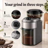 Three steps to grind coffee: choose the grind setting, set the cup quantity and press start