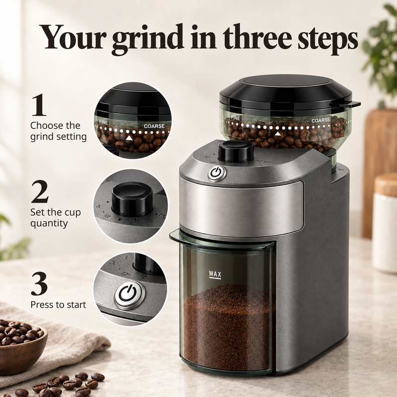 Three steps to grind coffee: choose the grind setting, set the cup quantity and press start