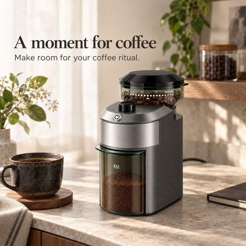Compact gray coffee grinder in a workspace coffee corner with a ceramic cup