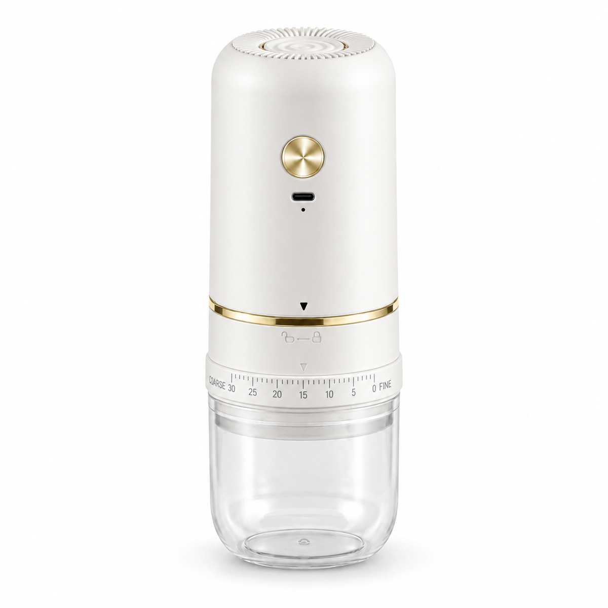 White Yozcoffee electric coffee grinder with gold button, USB-C port and clear grounds cup
