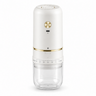 White Yozcoffee electric coffee grinder with gold button, USB-C port and clear grounds cup