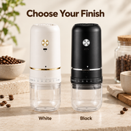 White grinder with gold accents and black grinder with silver accents shown side by side