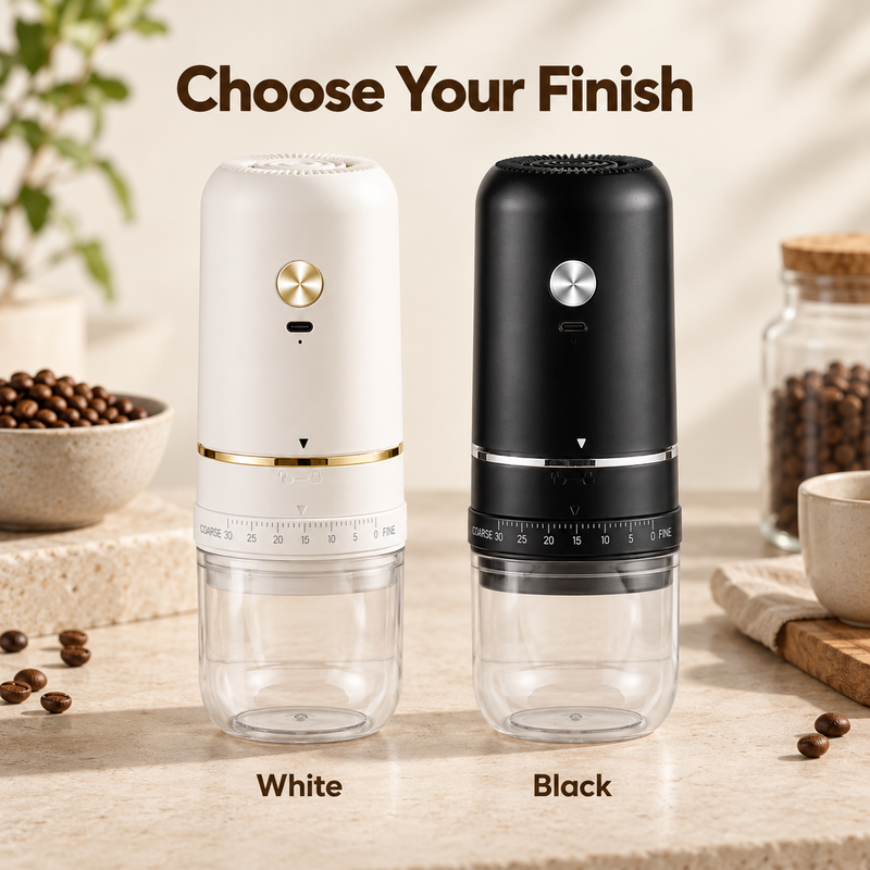 White grinder with gold accents and black grinder with silver accents shown side by side
