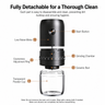 Exploded view of the Yozcoffee electric coffee grinder showing detachable parts and ceramic burr