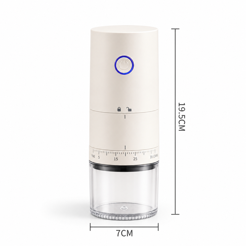 Yozcoffee electric coffee grinder dimension guide showing 7cm width and 19.5cm height
