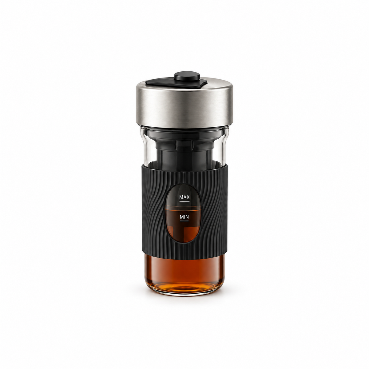 600 mL electric cold brew coffee maker with a silver lid, black grip sleeve and glass body on a white background
