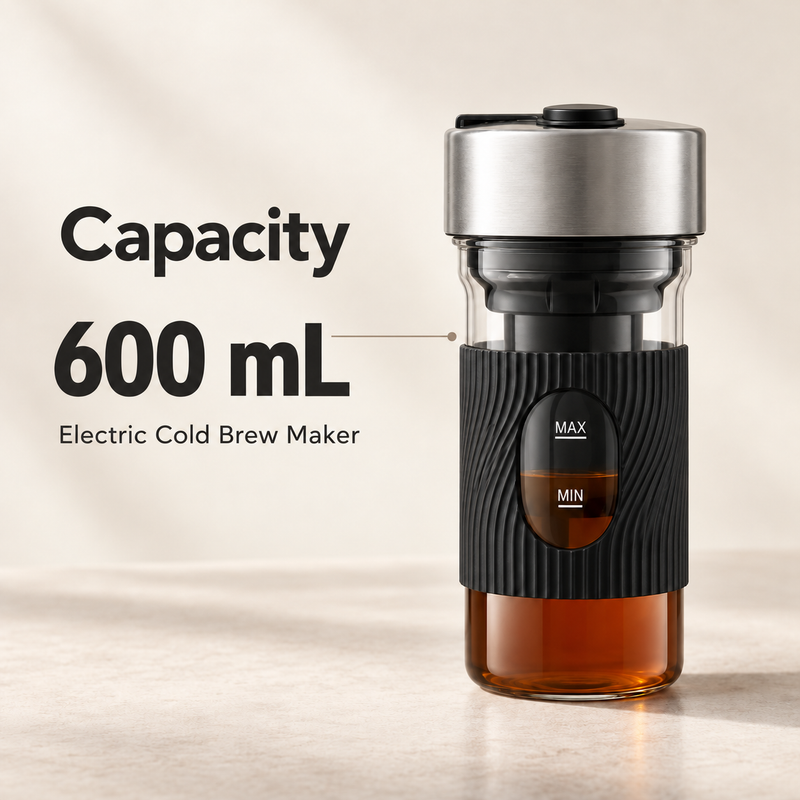 600 mL vessel capacity of the electric cold brew coffee and tea maker