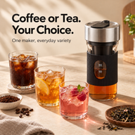 Electric cold brew maker displayed with iced coffee and tea serving glasses