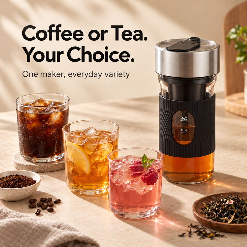 Electric cold brew maker displayed with iced coffee and tea serving glasses