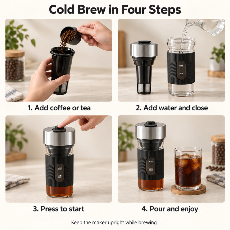 Four-step brewing guide: add grounds, add water, start upright and pour the finished drink