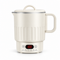 Yozcoffee 1 L electric cooking mug in warm white with lid, folding handle and detachable digital heating base