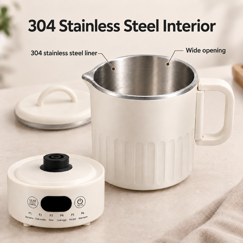304 stainless steel interior and wide opening of the Yozcoffee electric cooking mug