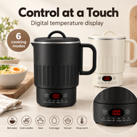 Digital temperature display and six cooking modes on the black electric cooking mug