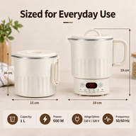 Electric cooking mug dimensions, 1 L capacity, 600 W power and 110 V or 220 V voltage options