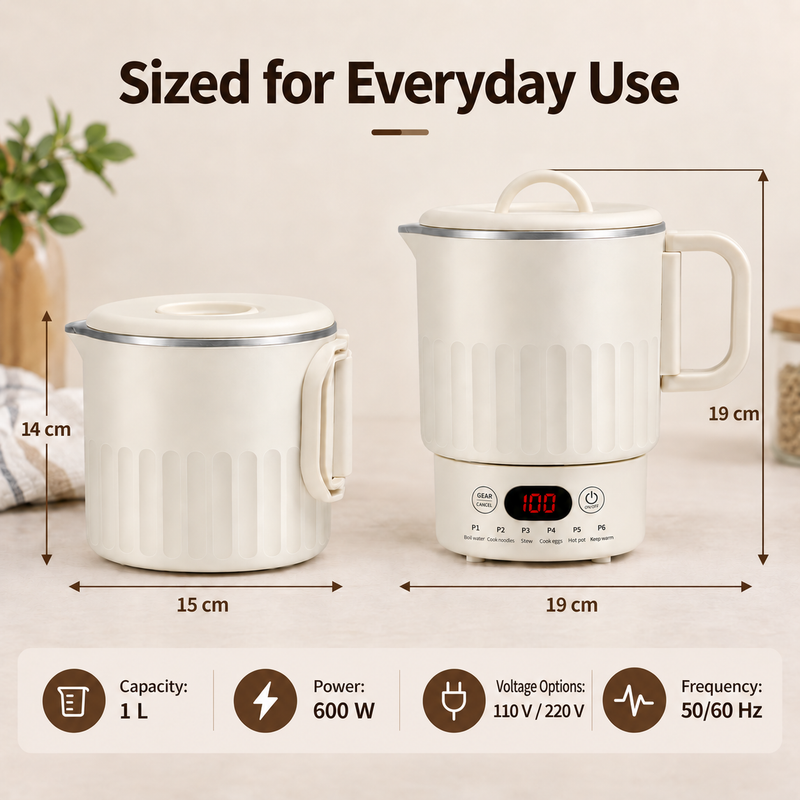 Electric cooking mug dimensions, 1 L capacity, 600 W power and 110 V or 220 V voltage options