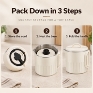 Three storage steps: store the cord, nest the heating base and fold the mug handle