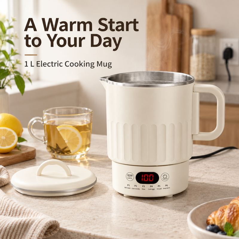 White Yozcoffee electric cooking mug heating water on a kitchen counter
