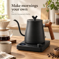 Black Yozcoffee 1L electric gooseneck kettle beside a pour-over coffee brewer