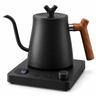 Yozcoffee black 1L electric gooseneck kettle with wood-grain handle and digital base on a white background