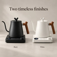 Black and white Yozcoffee 1L electric gooseneck kettles with matching bases and wood-grain handles