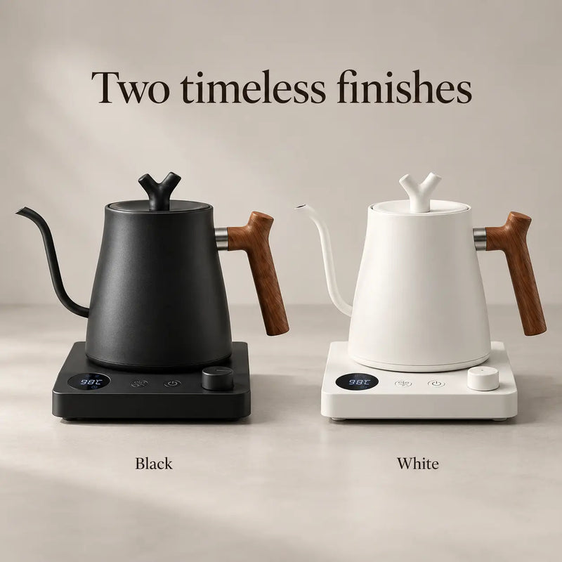 Black and white Yozcoffee 1L electric gooseneck kettles with matching bases and wood-grain handles