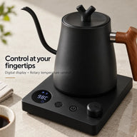 Digital temperature display and rotary control on the black Yozcoffee kettle base