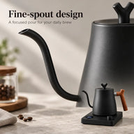 Close-up of the narrow curved pouring spout on the black Yozcoffee electric kettle