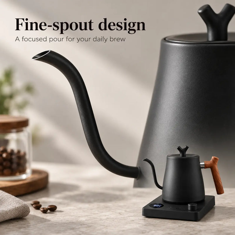 Close-up of the narrow curved pouring spout on the black Yozcoffee electric kettle