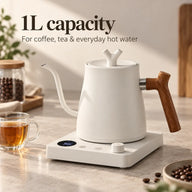 White Yozcoffee electric gooseneck kettle showing its 1 litre capacity