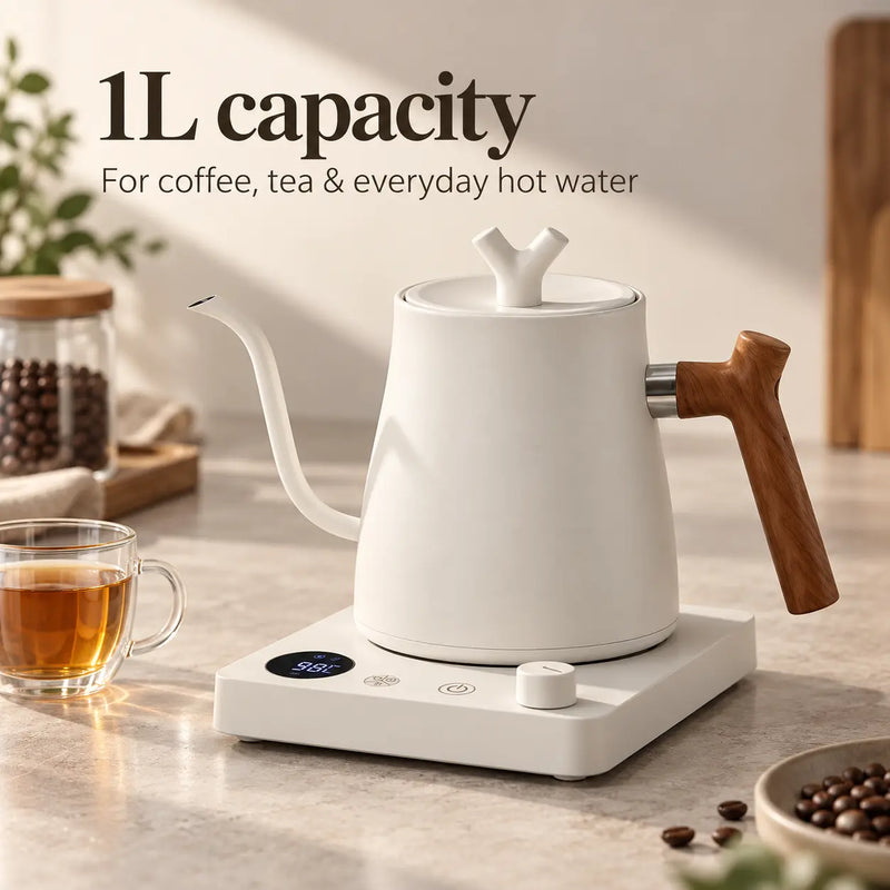 White Yozcoffee electric gooseneck kettle showing its 1 litre capacity