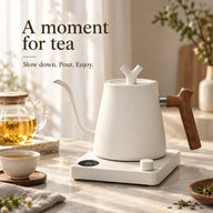 White Yozcoffee 1L electric gooseneck kettle with wood-grain handle in a tea setting