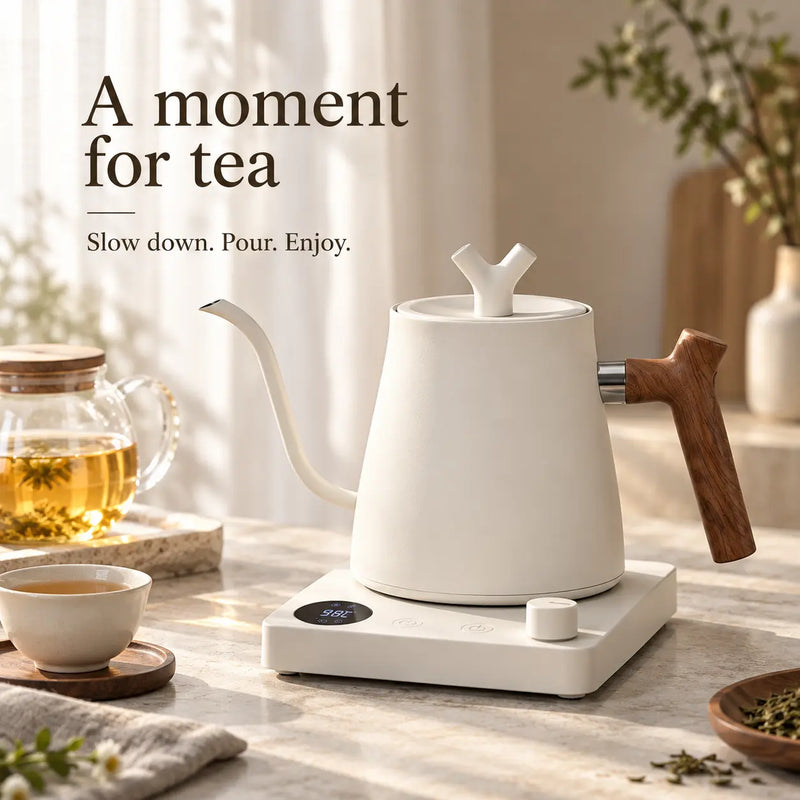 White Yozcoffee 1L electric gooseneck kettle with wood-grain handle in a tea setting