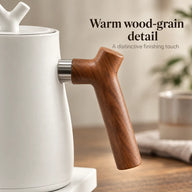 Wood-grain handle and metal attachment on the white Yozcoffee electric gooseneck kettle