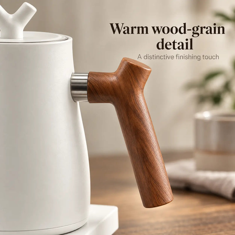 Wood-grain handle and metal attachment on the white Yozcoffee electric gooseneck kettle