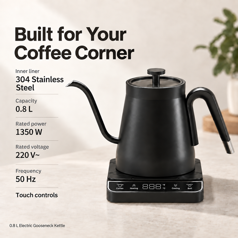 Yozcoffee electric gooseneck kettle specifications: 304 stainless steel inner liner, 0.8L, 1350W and 220V 50Hz