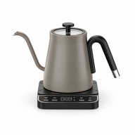 Yozcoffee 0.8L electric gooseneck kettle in Taupe with glass lid and matching touch-control base
