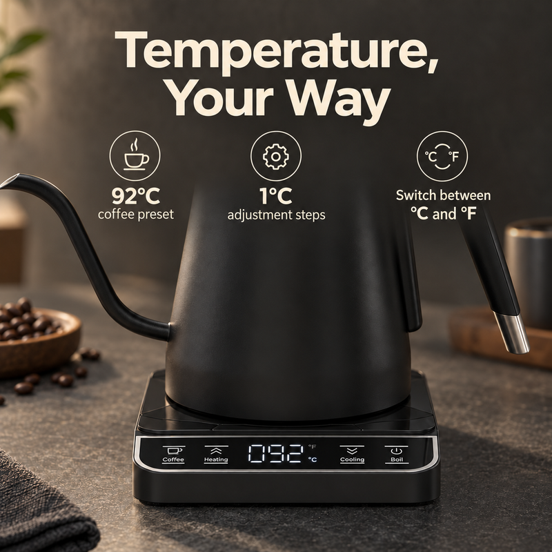 Yozcoffee electric gooseneck kettle touch panel with 92°C coffee preset, 1°C steps and °C or °F display