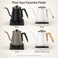 Yozcoffee electric gooseneck kettle color options: Black, White, Taupe and White with wood-look handle