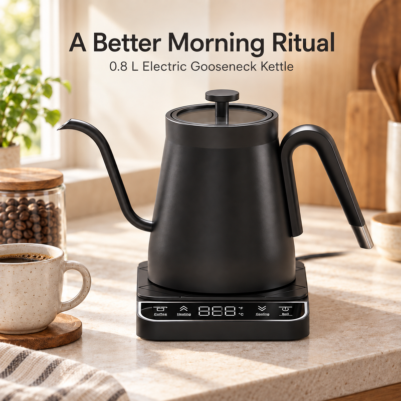 Black Yozcoffee electric gooseneck kettle on a kitchen counter beside a coffee cup and beans