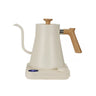 Yozcoffee white electric gooseneck kettle with a temperature-control base and wood-tone handle