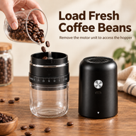 Adding coffee beans to the grinder hopper with the removable motor unit placed beside it