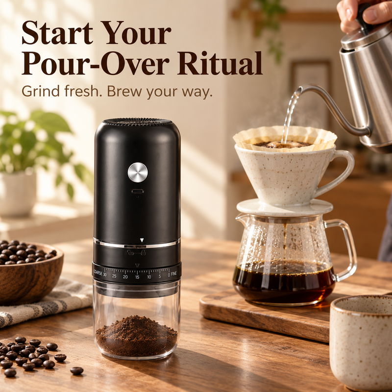 Yozcoffee electric grinder beside a pour-over dripper and coffee server