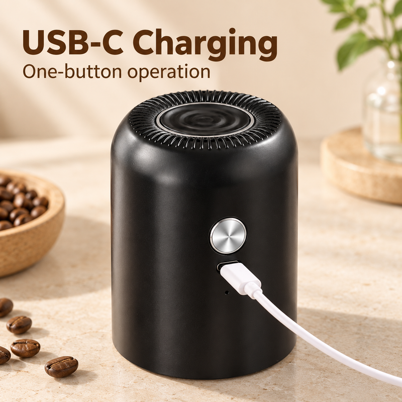 USB-C charging port below the one-button control on the black grinder motor unit