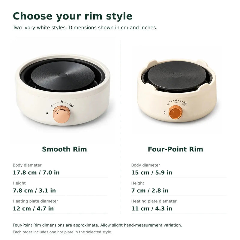 Dimensions des plaques chauffantes électriques Smooth Rim et Four-Point Rim en centimètres et en pouces