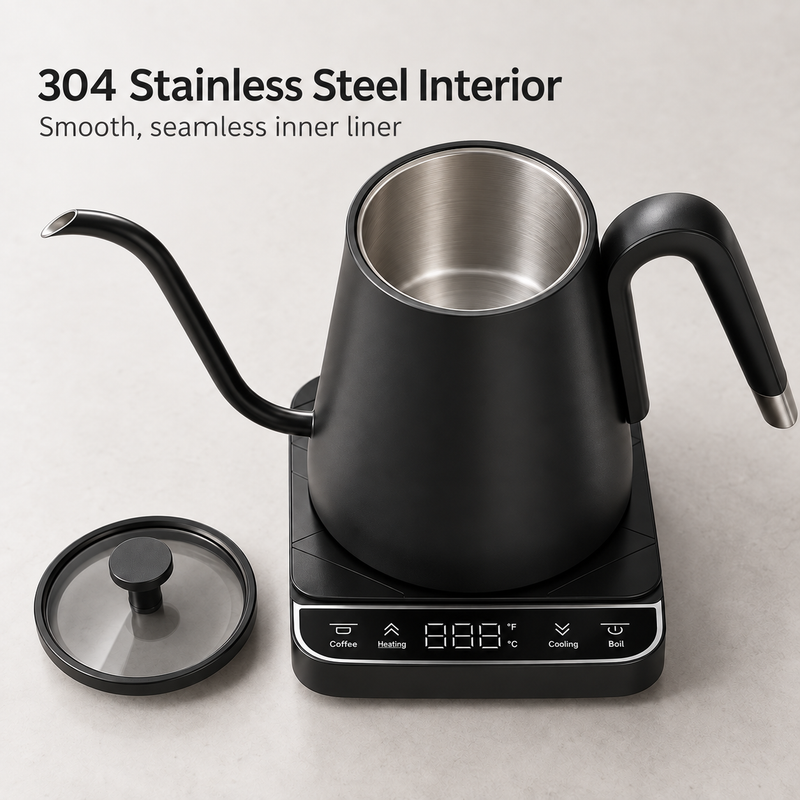 Open Yozcoffee electric kettle showing its seamless 304 stainless steel inner liner and glass lid