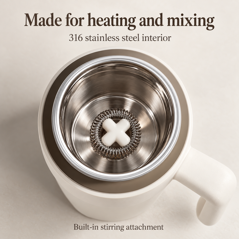 316 stainless steel interior with a circular whisk and white stirring attachment